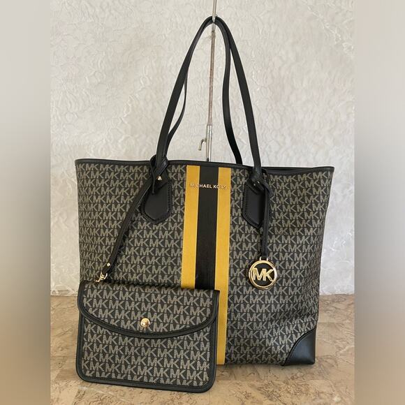 XL MICHAEL KORS black gold crossgrain tote and wristlet - Picture 1 of 9